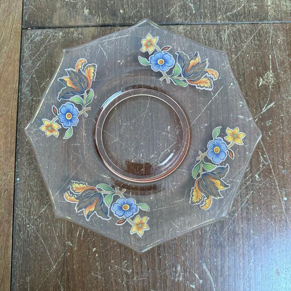 Pink Depression Applied Flocked Style Floral Design Octagon Plate - Picture 1 of 6